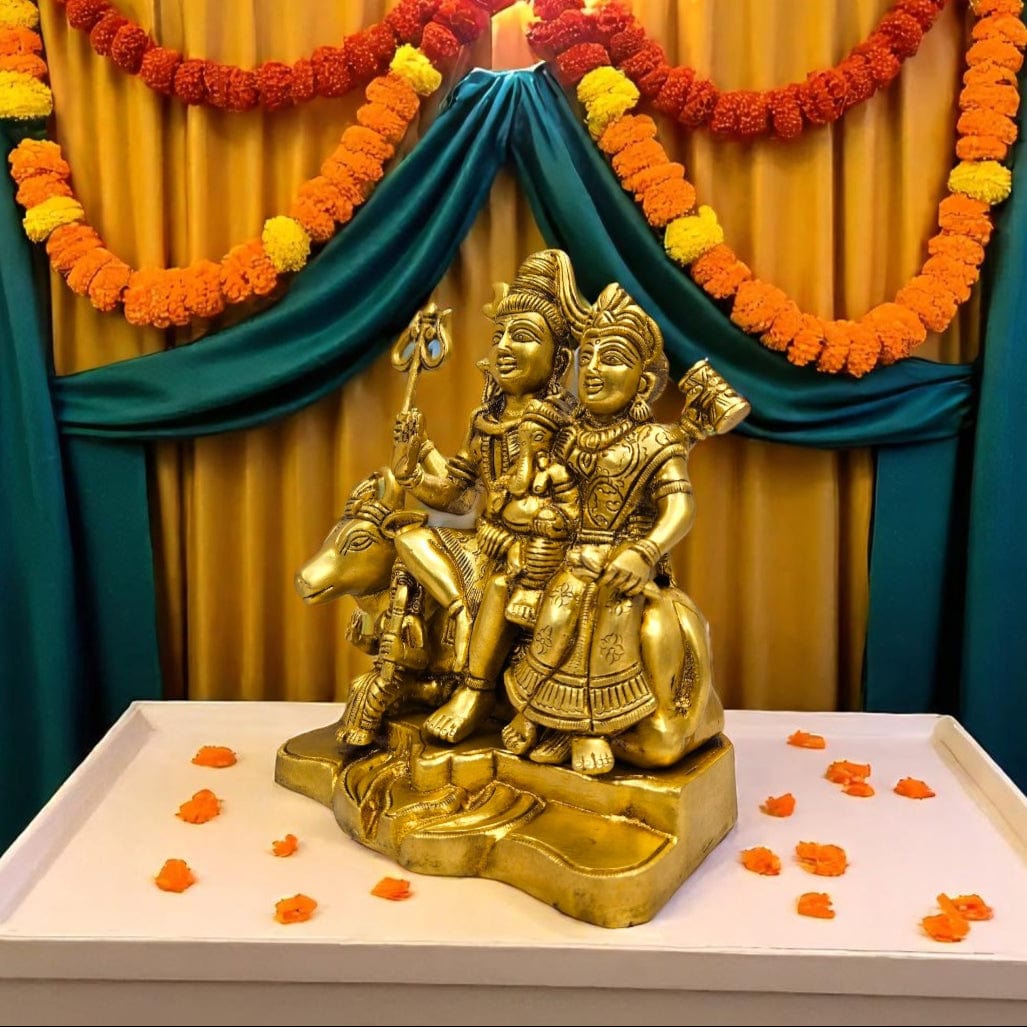 Tamas Brass Shiv Parivar Idol with Shiva, Parvati, Ganesha & Kartikeya on Nandi – Pure Brass 8 Inch Statue