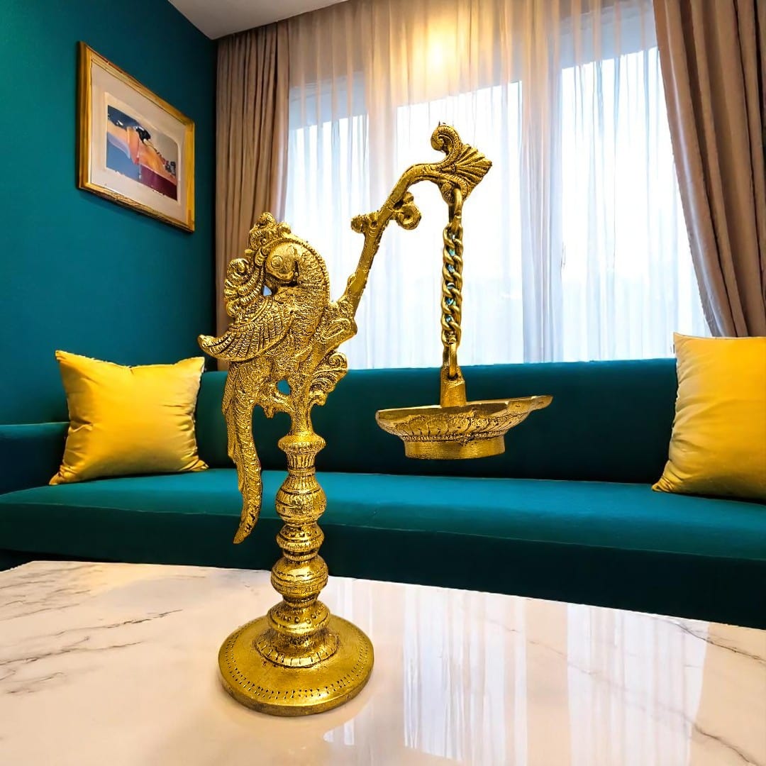 Brass Parrot Hanging Diya Set by Tamas – Pure Brass Oil Lamp with Gift Box