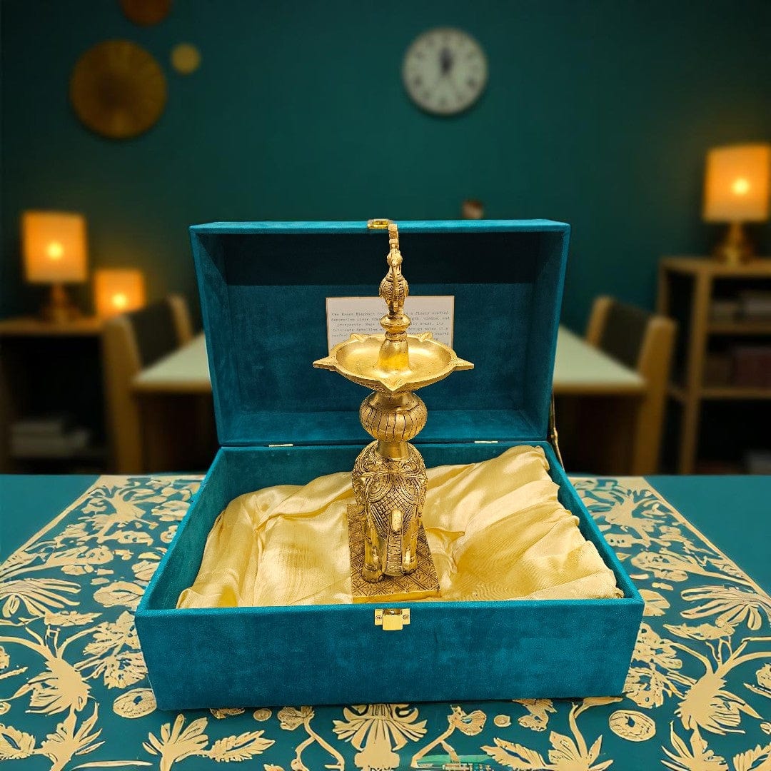 Tamas Brass Handcrafted Golden Decorative Elephant Brass Diya Stand  with Antique Finish (3 x 5 x12 Inches, Golden) (Pack of 1)