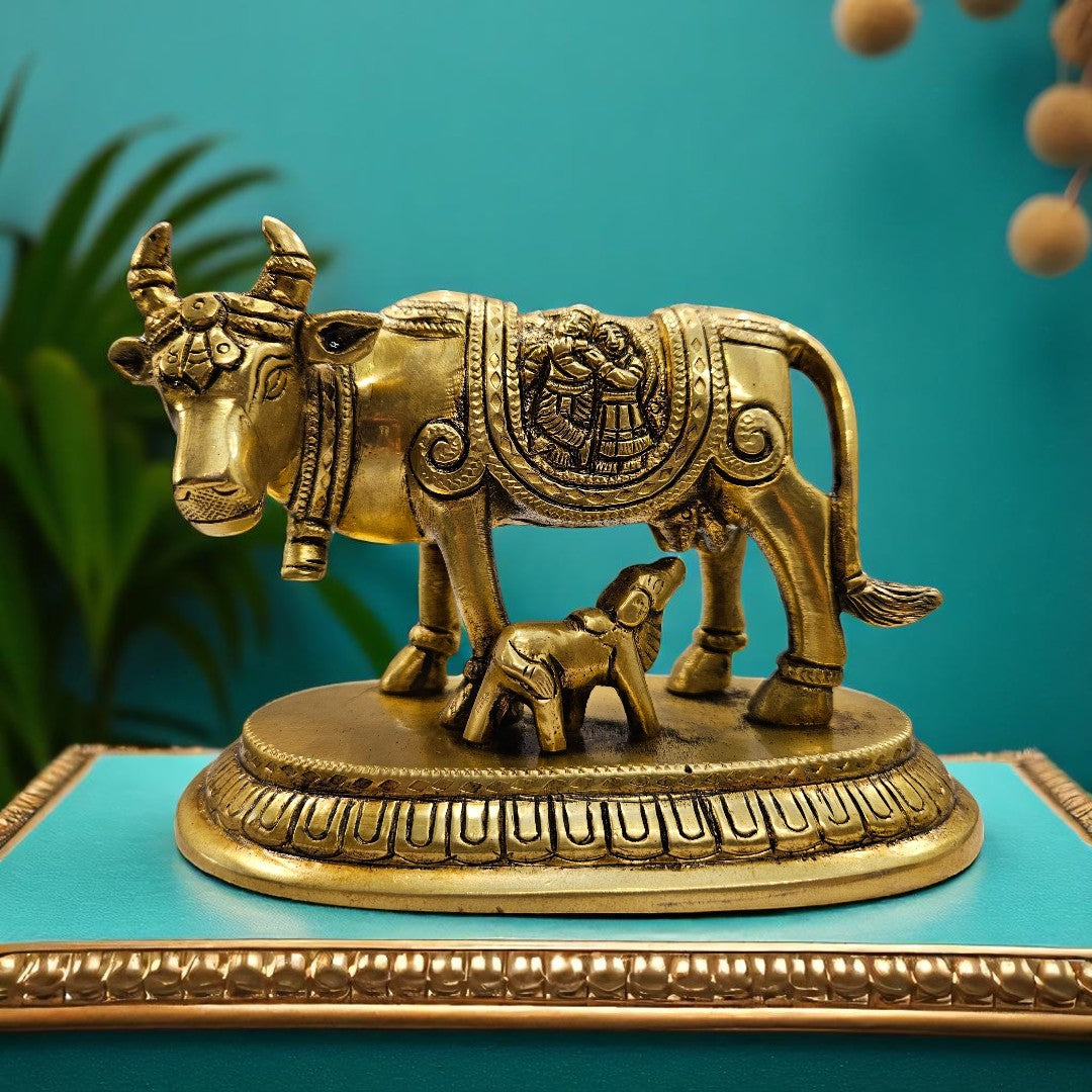 Handcrafted Brass Cow and Calf Idol for Pooja & Gifting | Premium Velvet Box | Tamas Spiritual Decor