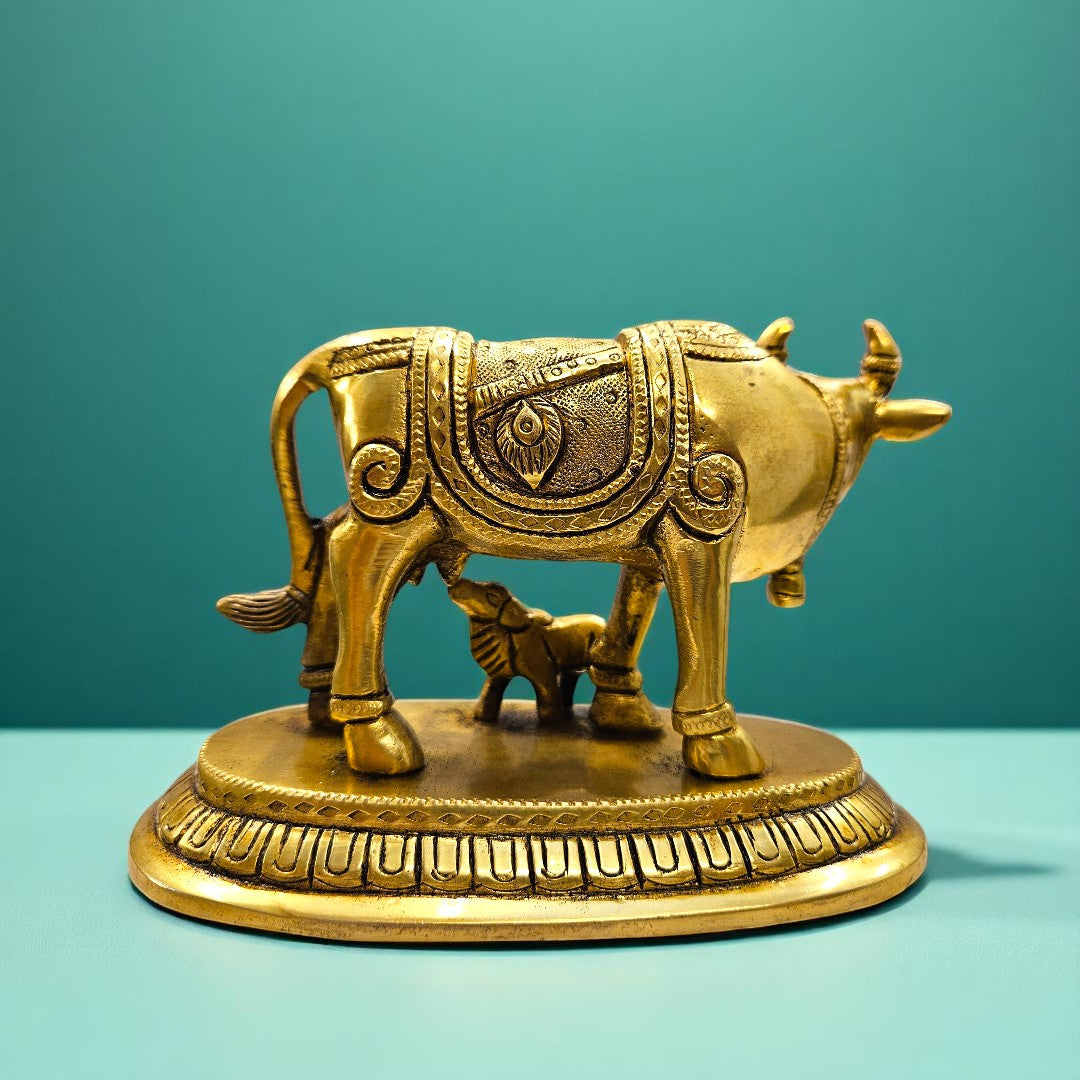 Handcrafted Brass Cow and Calf Idol for Pooja & Gifting | Premium Velvet Box | Tamas Spiritual Decor