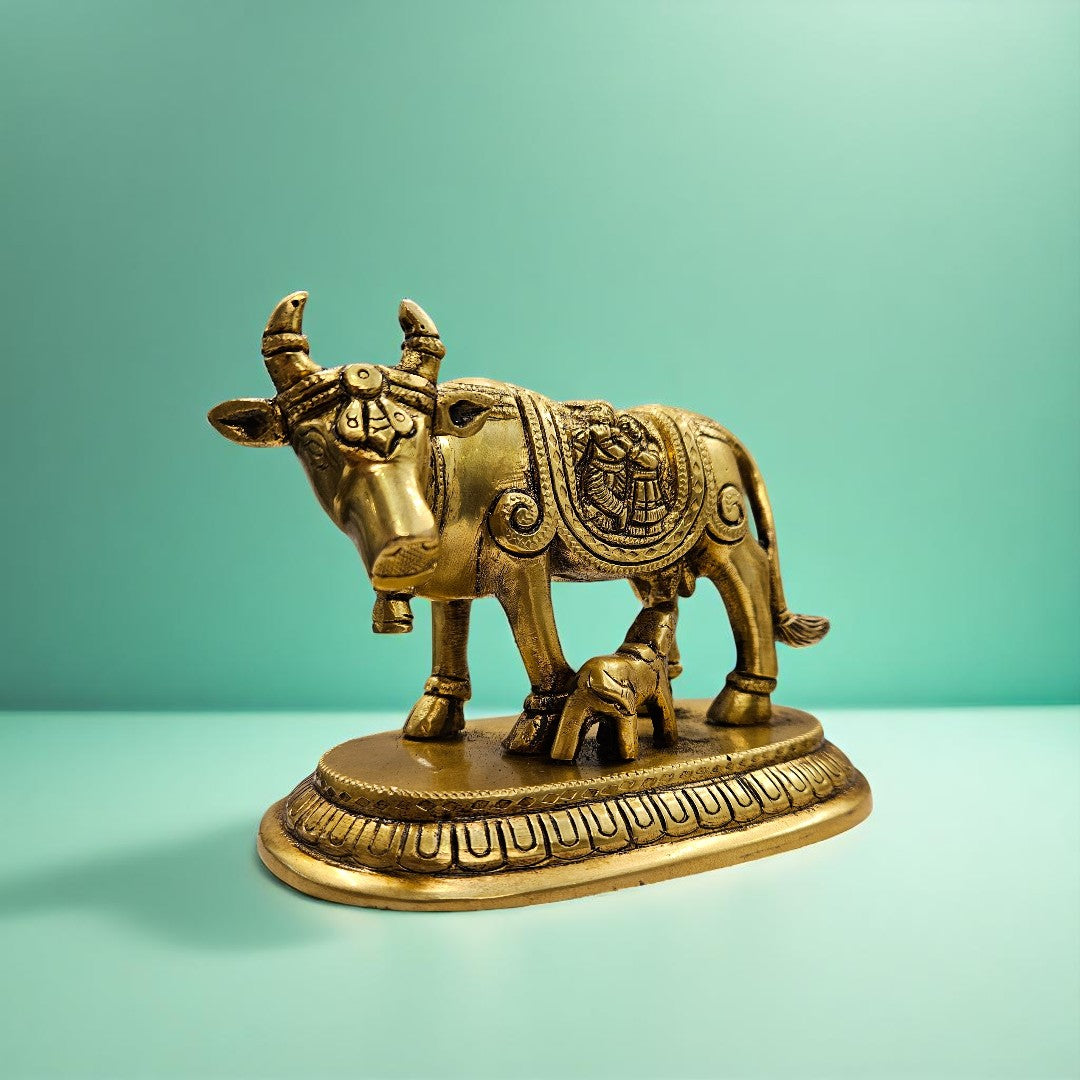 Handcrafted Brass Cow and Calf Idol for Pooja & Gifting | Premium Velvet Box | Tamas Spiritual Decor