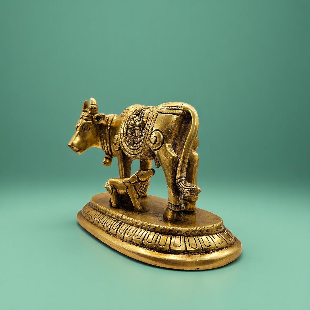 Handcrafted Brass Cow and Calf Idol for Pooja & Gifting | Premium Velvet Box | Tamas Spiritual Decor