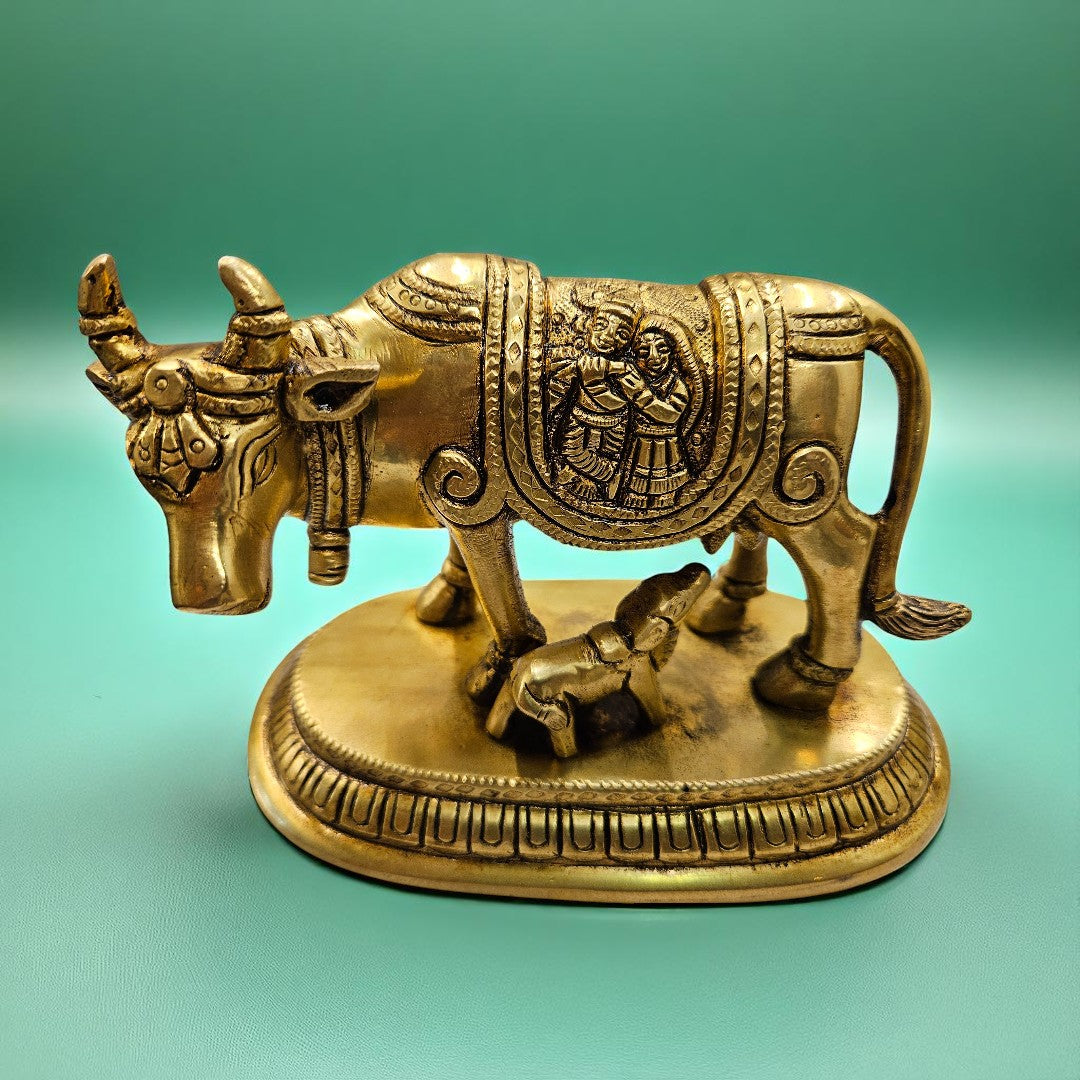 Handcrafted Brass Cow and Calf Idol for Pooja & Gifting | Premium Velvet Box | Tamas Spiritual Decor