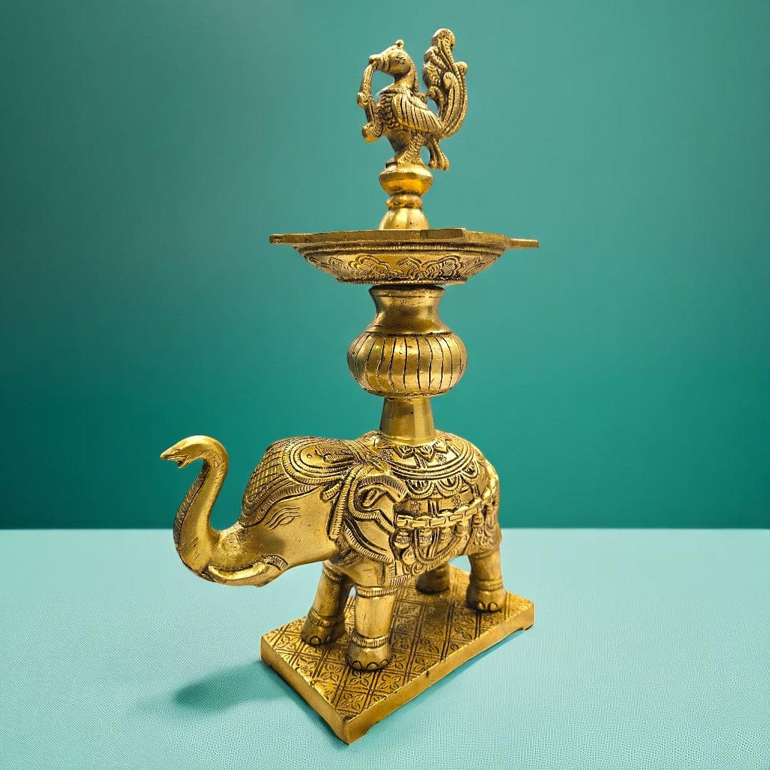 Tamas Brass Handcrafted Golden Decorative Elephant Brass Diya Stand  with Antique Finish (3 x 5 x12 Inches, Golden) (Pack of 1)