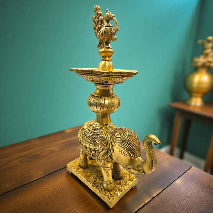 Tamas Brass Handcrafted Golden Decorative Elephant Brass Diya Stand  with Antique Finish (3 x 5 x12 Inches, Golden) (Pack of 1)