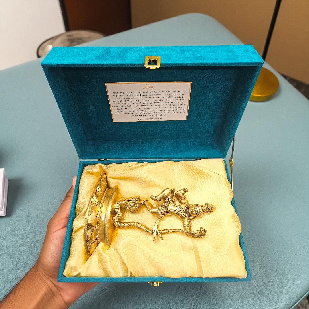 Handcrafted Pure Brass Krishna Idol Dancing on Kaliya – Vaastu-Compliant Spiritual Statue in Teal Velvet Gift Box – Ideal for Housewarming, Festive & Corporate Gifting