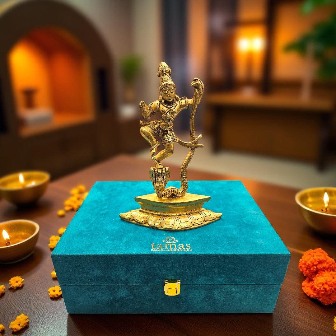 Handcrafted Pure Brass Krishna Idol Dancing on Kaliya – Vaastu-Compliant Spiritual Statue in Teal Velvet Gift Box – Ideal for Housewarming, Festive & Corporate Gifting