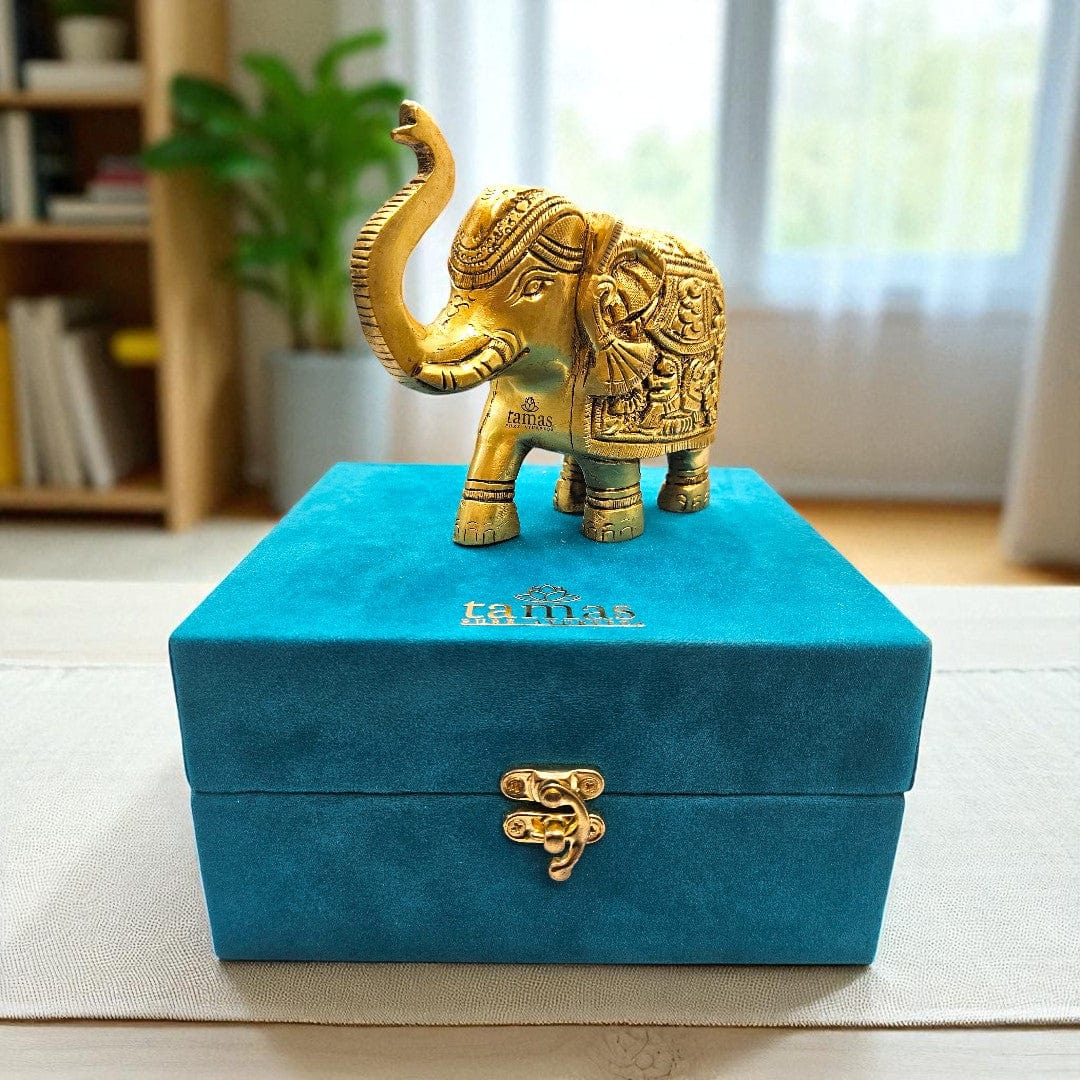 Tamas Brass Well Designed Elephant Statue/Idol (Golden)  - 4 Inches With Premium Gift Box