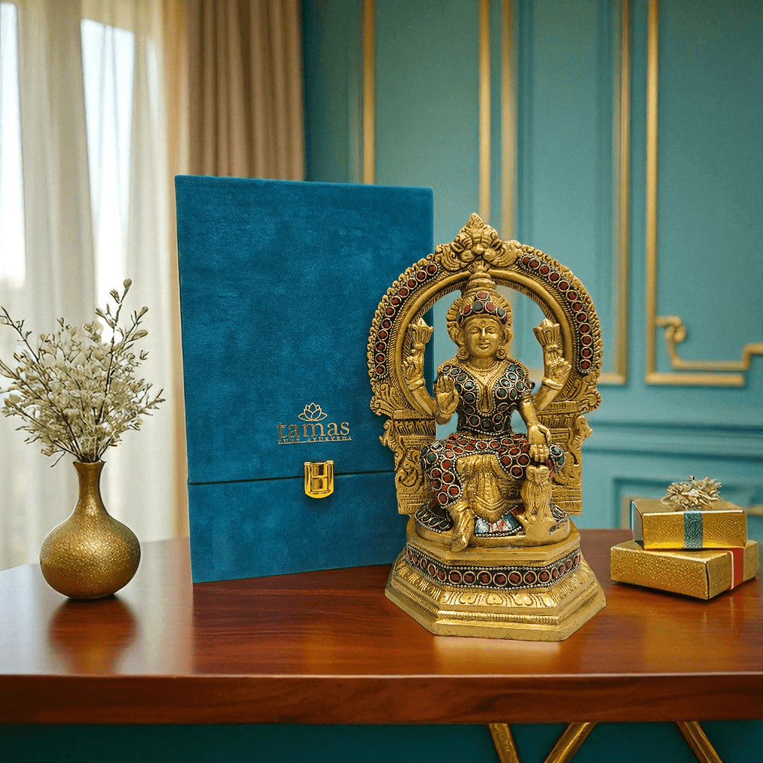 Tamas Brass Goddess Laxmi Sitting Posturel and Decorated with Multicolored With Luxury Gift Box - Tamas: Luxury Indian Gifts