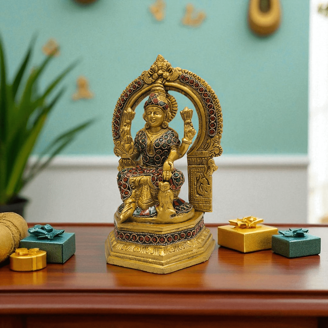 Tamas Brass Goddess Laxmi Sitting Posturel and Decorated with Multicolored With Luxury Gift Box - Tamas: Luxury Indian Gifts