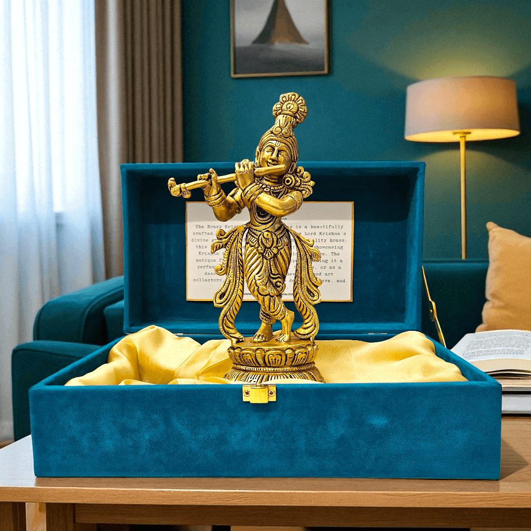Brass Krishna Idol Handcrafted Statue with Gift Box for Home Temple & Gifting
