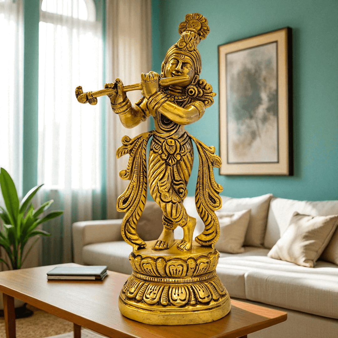 Brass Krishna Idol Handcrafted Statue with Gift Box for Home Temple & Gifting