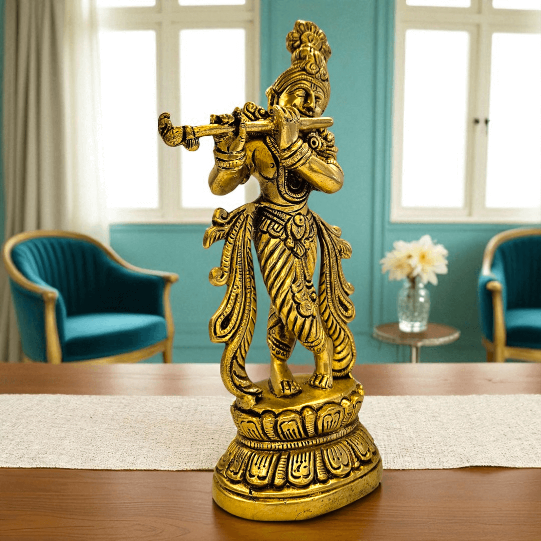 Brass Krishna Idol Handcrafted Statue with Gift Box for Home Temple & Gifting