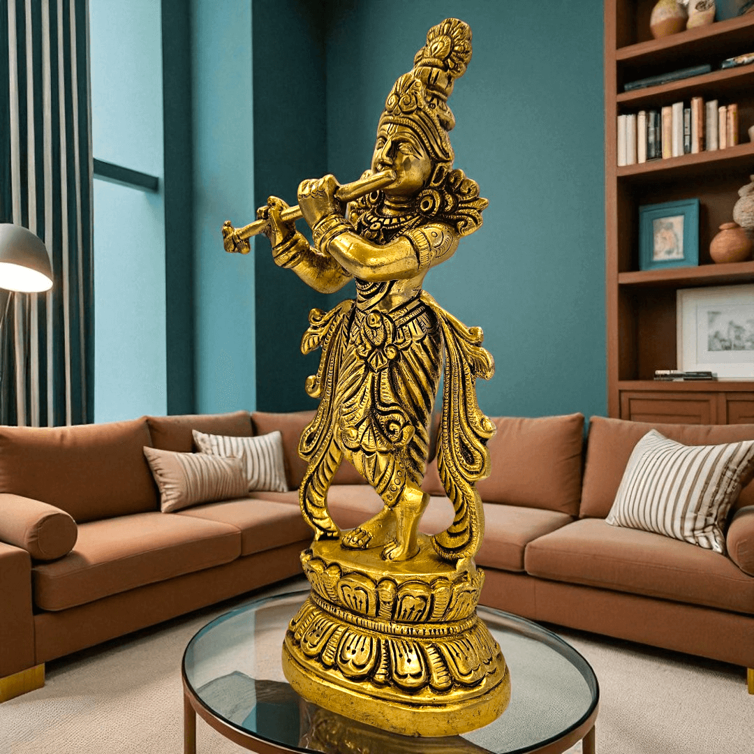 Brass Krishna Idol Handcrafted Statue with Gift Box for Home Temple & Gifting