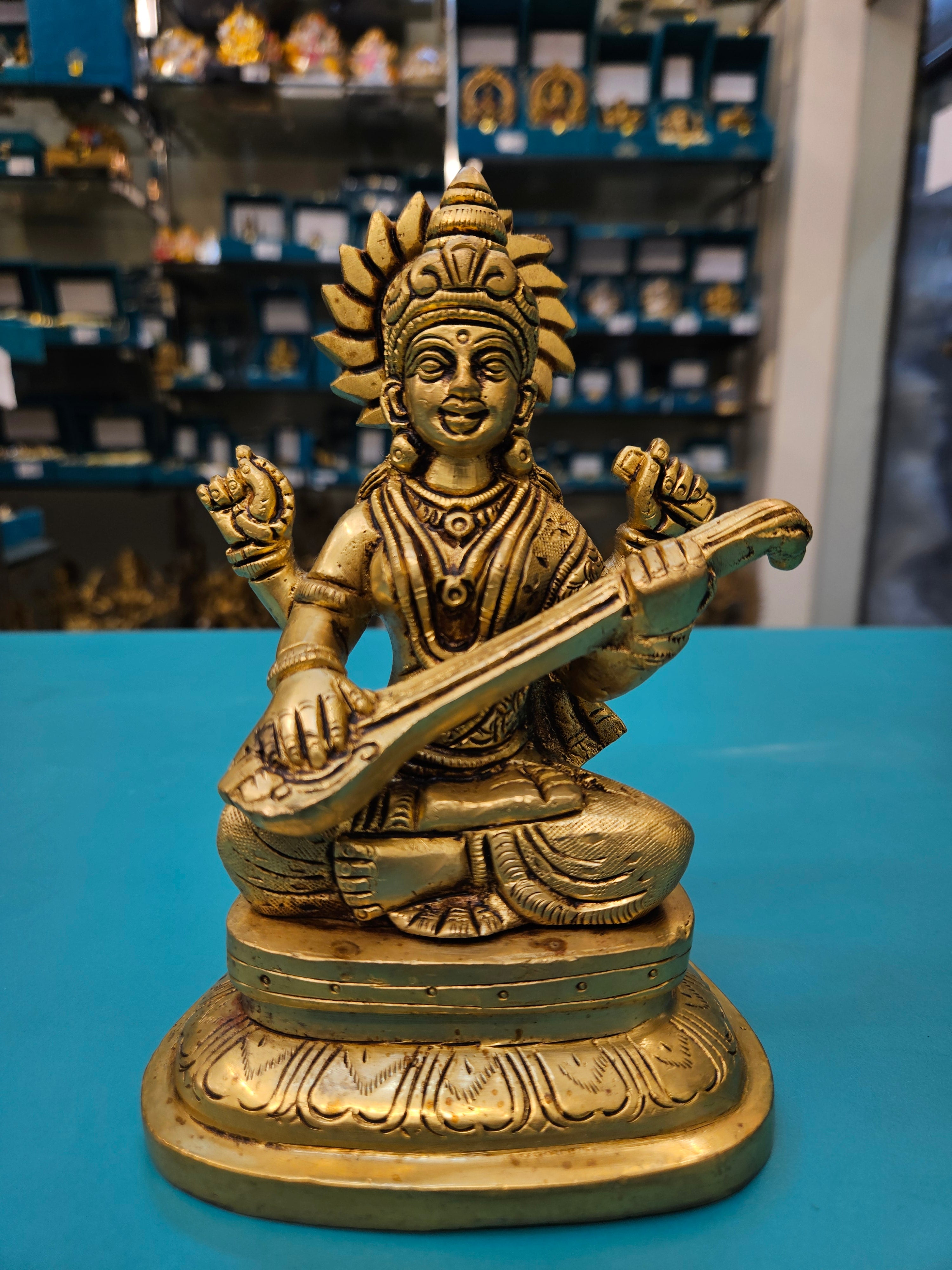 Brass Saraswati Idol for Pooja Room | Handcrafted Murti Gift