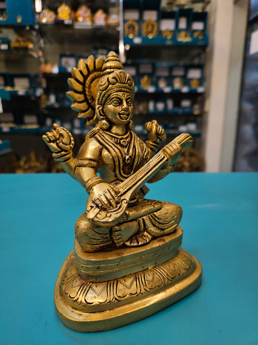 Brass Saraswati Idol for Pooja Room | Handcrafted Murti Gift