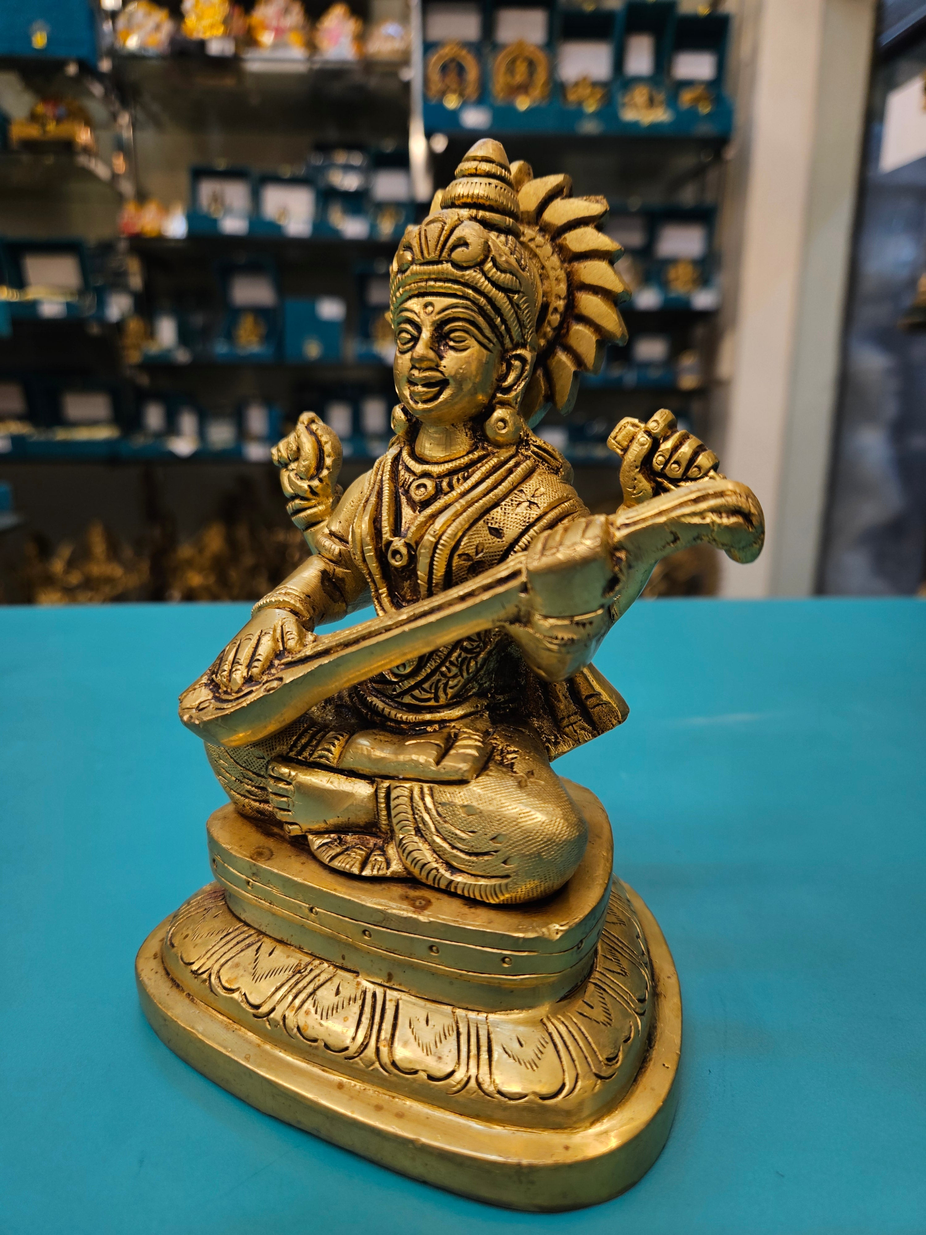 Brass Saraswati Idol for Pooja Room | Handcrafted Murti Gift