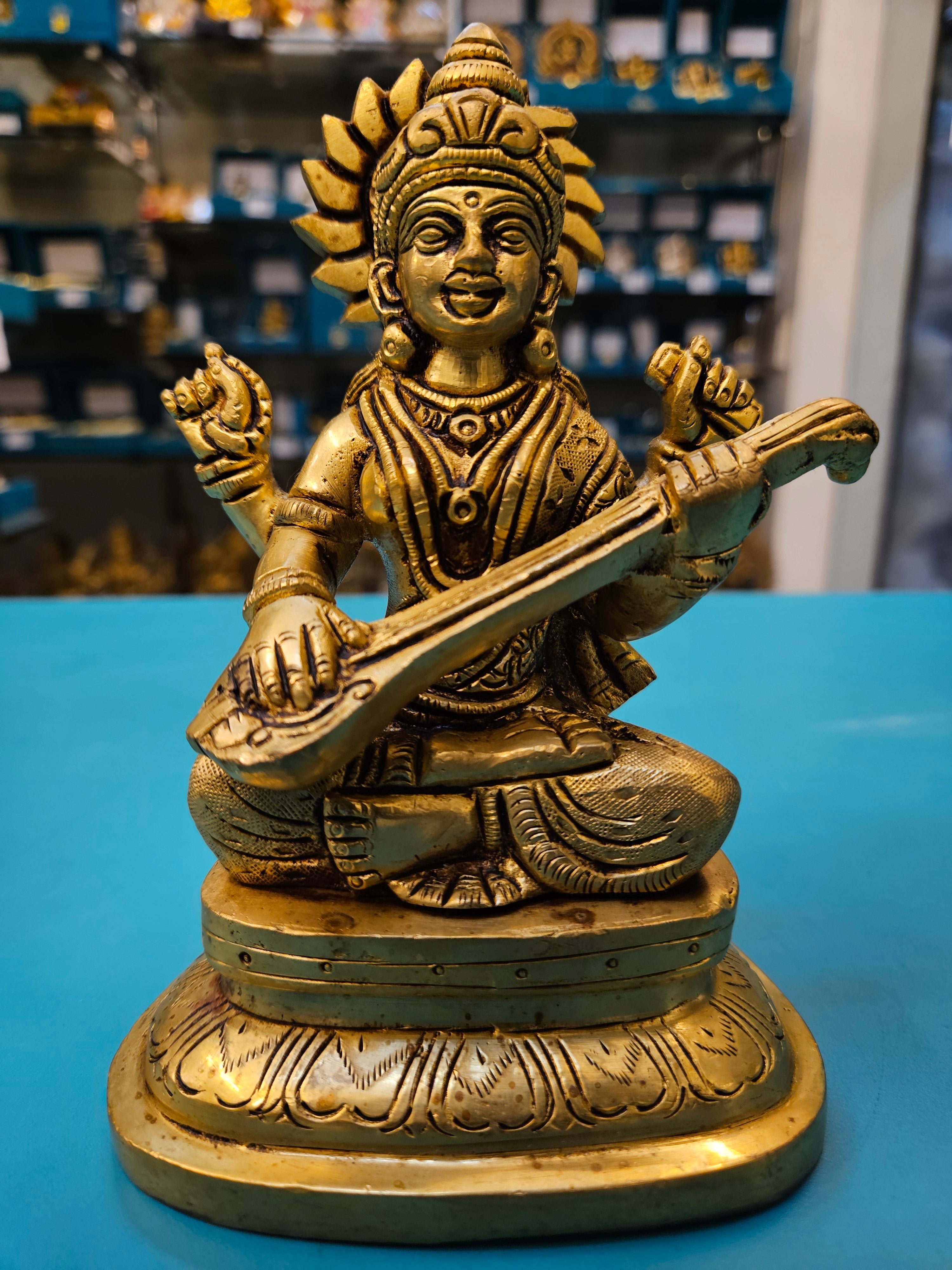Brass Saraswati Idol for Pooja Room | Handcrafted Murti Gift