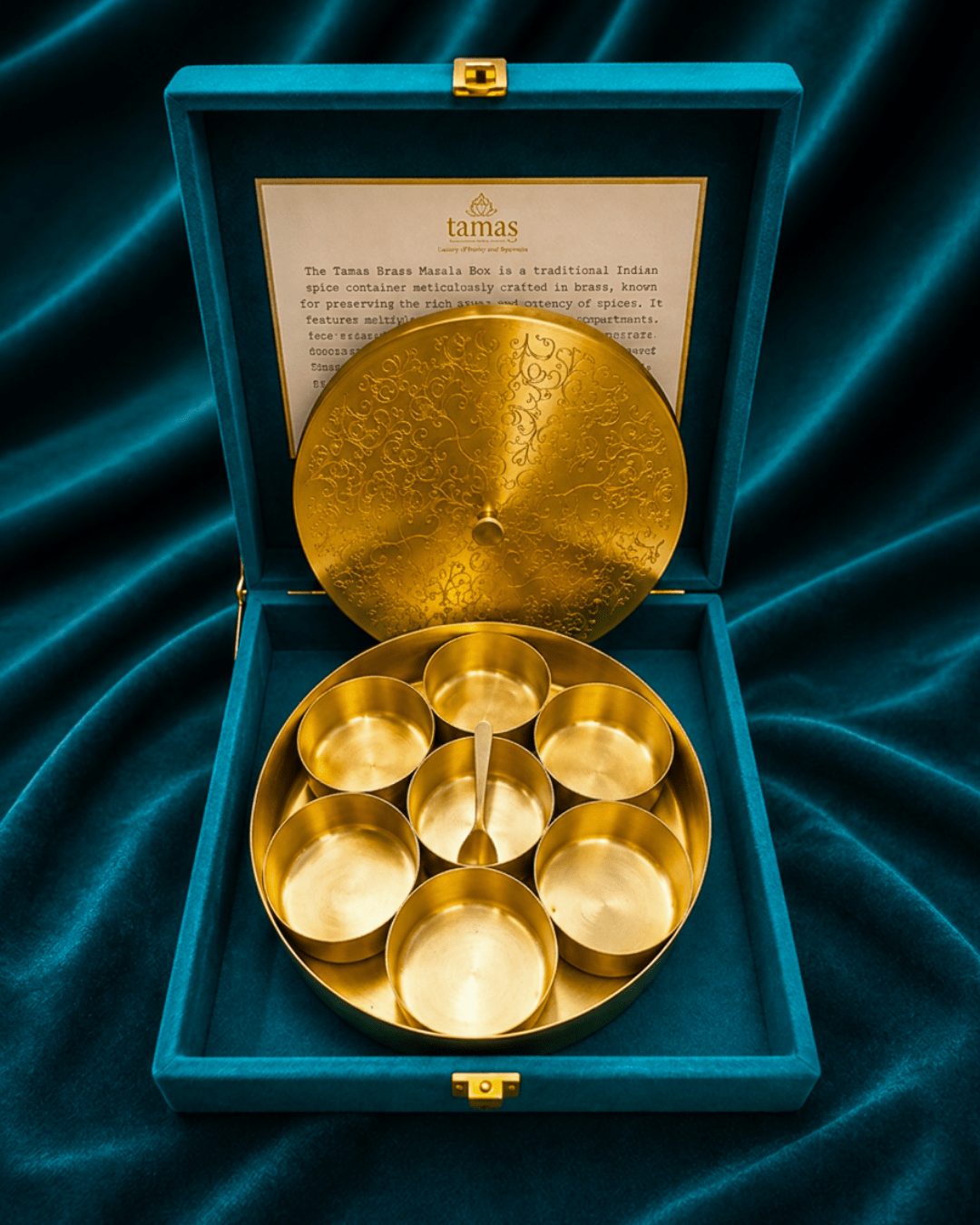 Tamas Pure Brass Masala Box (8 Inch) | Traditional Spice Storage Box with 7 Katoris & 1 Spoon | Indian Masala Dabba for Kitchen - Tamas Luxury Gifts