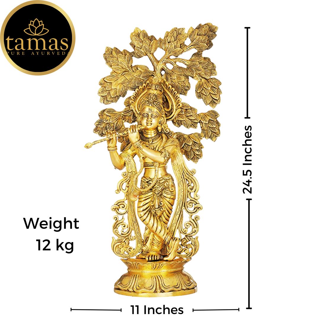 Tamas Brass Krishna with Kalpavriksha Tree Statue (Height 24.5 Inches)