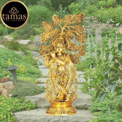Tamas Brass Krishna with Kalpavriksha Tree Statue (Height 24.5 Inches)