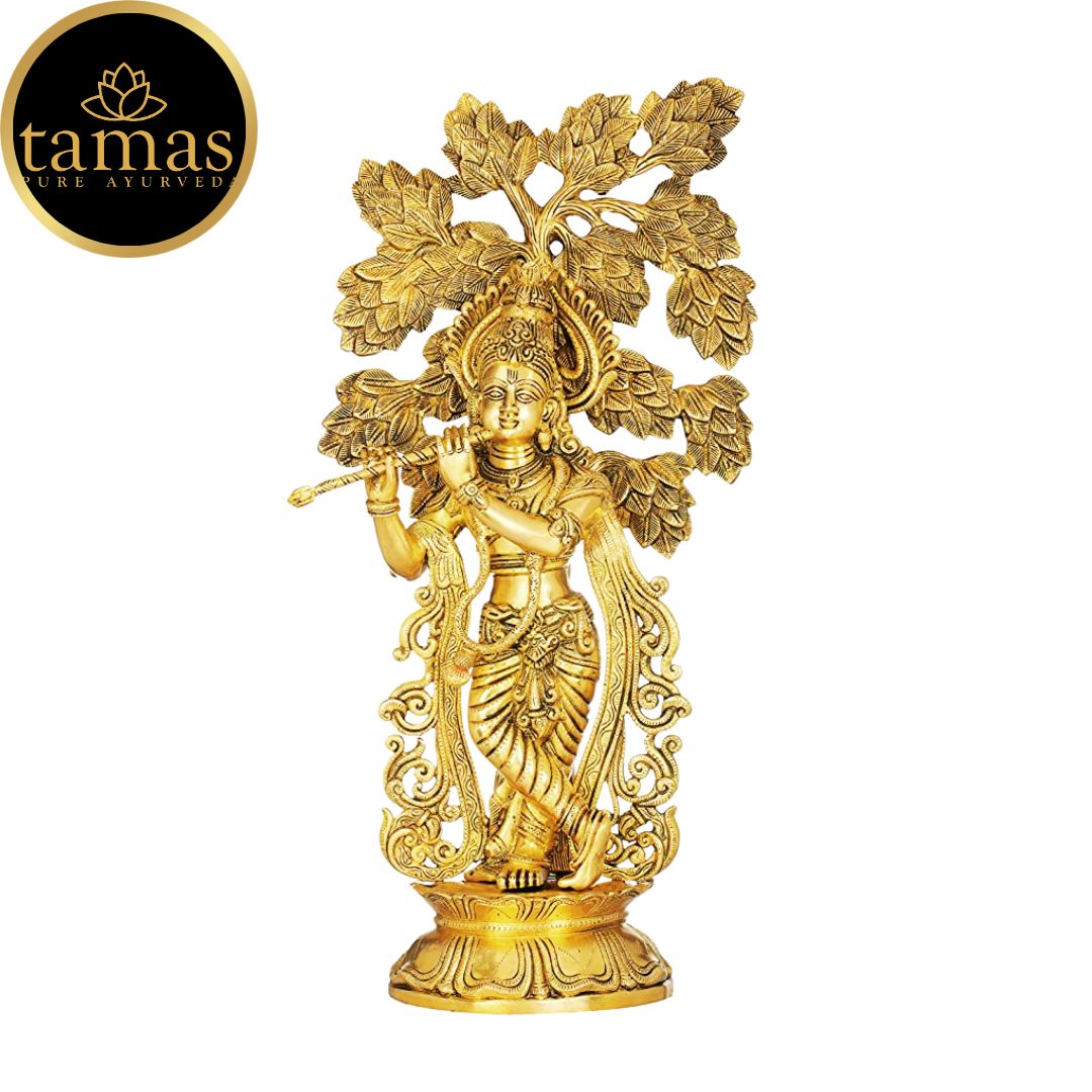 Tamas Brass Krishna with Kalpavriksha Tree Statue (Height 24.5 Inches)