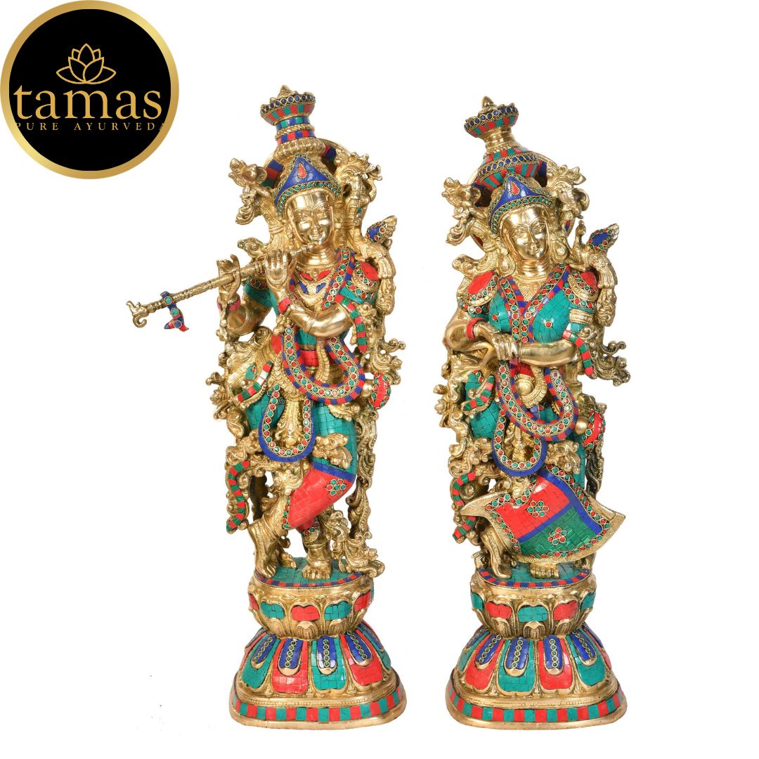 Tamas Antique Finish Brass Handcrafted Radha Krishna Statue (Height 29 Inches)