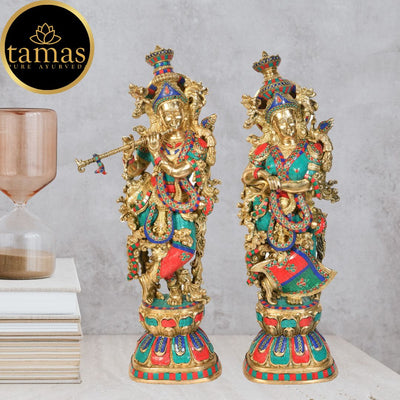 Tamas Antique Finish Brass Handcrafted Radha Krishna Statue (Height 29 Inches)