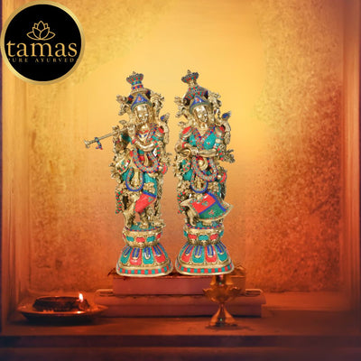 Tamas Antique Finish Brass Handcrafted Radha Krishna Statue (Height 29 Inches)