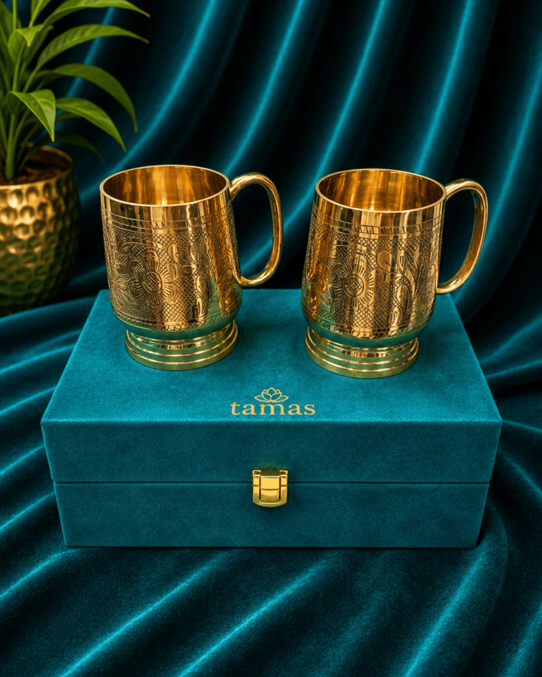 Tamas Premium Brass Mug Set with Handle – Traditional Design in Velvet Gift Box | Perfect Gift for Weddings, Anniversaries & Festivals - Tamas Luxury Gifts