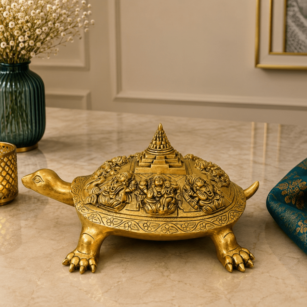 Brass Handcrafted Lord Ashtalakshmi/Ashta Lakshmi on Tortoise Meru Shree Yantra Statue / Idol with Antique Finish (9 x 13.6 x 6 Inches, 6.1kg, Golden) (Pack of 1) - Tamas Luxury Gifts