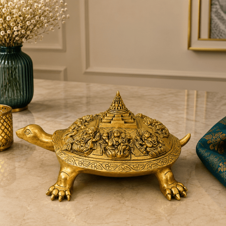 Brass Handcrafted Lord Ashtalakshmi/Ashta Lakshmi on Tortoise Meru Shree Yantra Statue / Idol with Antique Finish (9 x 13.6 x 6 Inches, 6.1kg, Golden) (Pack of 1) - Tamas Luxury Gifts