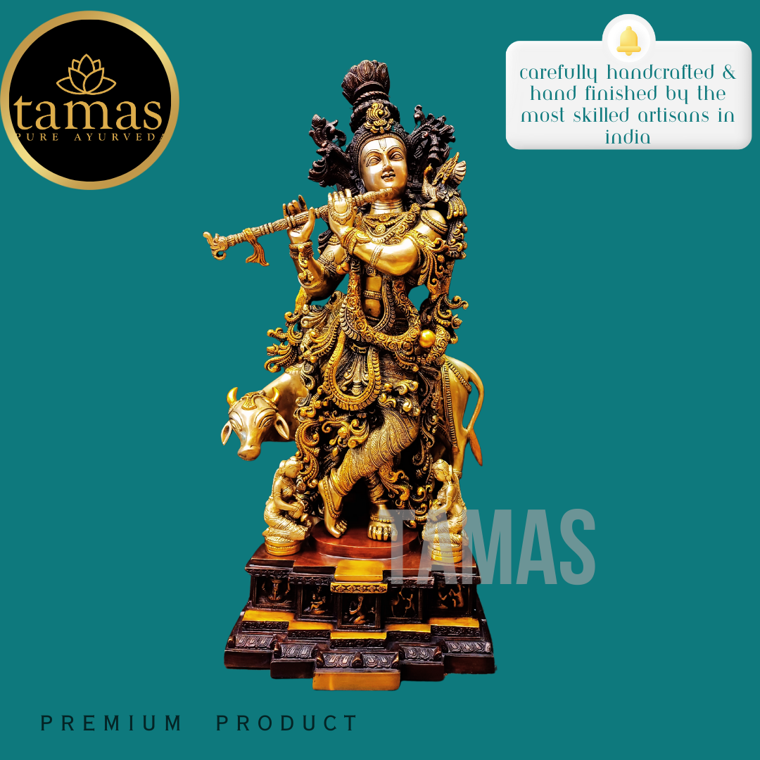 Brass Krishna Statue with cow