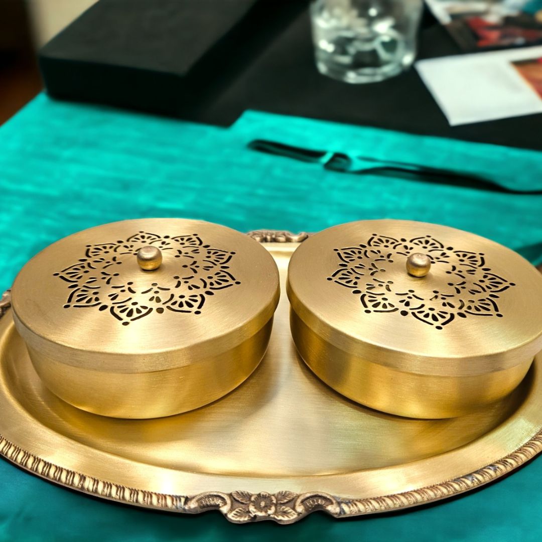Tamas Brass Serving Tray and Bowls with Lid Set -3 Pcs | (2 Inch) (Golden)