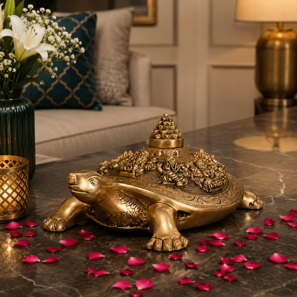 Tamas Brass Handcrafted Ashta Lakshmi Mata Figure with Meru Shree Yantram Situated Above The Vastu Feng Shui Tortoise Statue / Idol with Antique Finish (9 x 14 x 6 Inches, 8.3kg, Golden) (Pack of 1) - Tamas Luxury Gifts