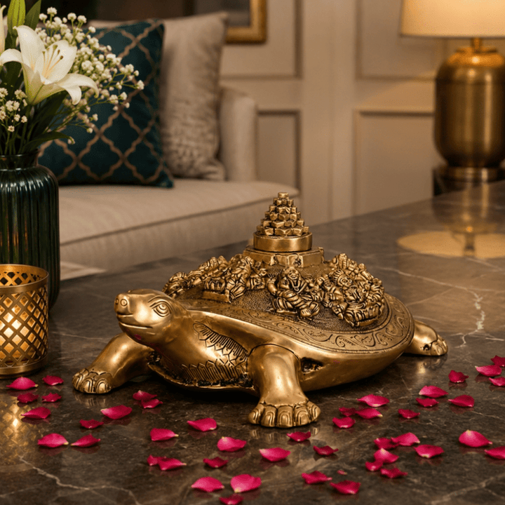 Tamas Brass Handcrafted Ashta Lakshmi Mata Figure with Meru Shree Yantram Situated Above The Vastu Feng Shui Tortoise Statue / Idol with Antique Finish (9 x 14 x 6 Inches, 8.3kg, Golden) (Pack of 1) - Tamas Luxury Gifts