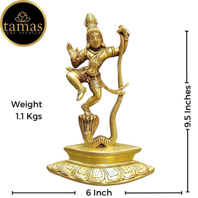 Tamas Brass Lord Krishna Dancing on The Hood of Kaliya Naag Statue/Idol (Golden) (9.5 Inches)
