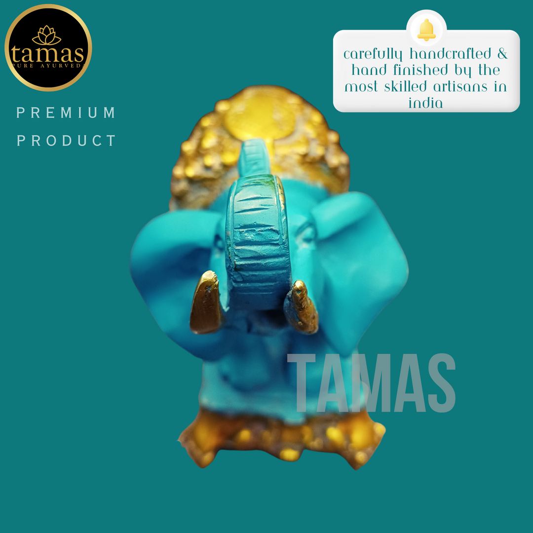 Tamas Brass Handcrafted Ethnic Elephant Showpiece Trunk Up Statue / Idol with Antique Finish   (6.5 x 3.5 x 6.5 Inches, Golden & Blue) (Pack of 1)