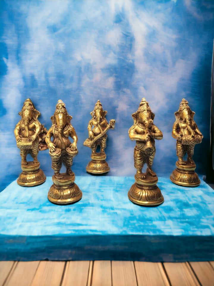 Tamas Brass Handcrafted Musical Ganesha Orchestra with Antique Finish (2 x 2.5 x 6 Inches, Golden) (Pack of 5)