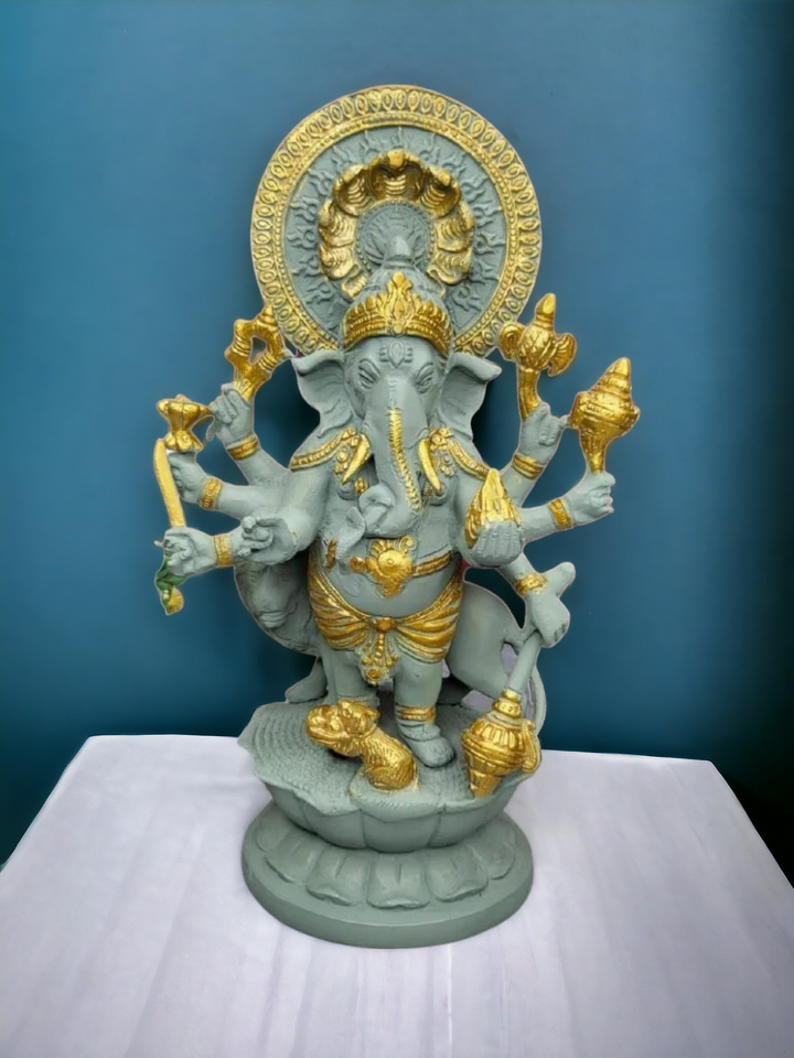 Tamas Brass Handcrafted Lord Dancing Ganesha Decor for Home Temple Statue / Idol with Antique Finish (7 x 5 x 12 Inches, Grey & Golden) (Pack of 1)