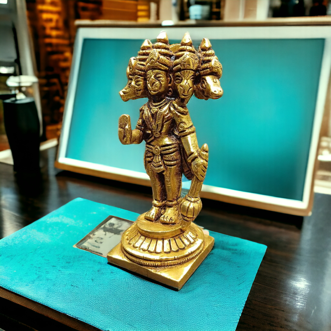 Tamas Brass Panchmukhi Hanuman Standing Statue/Idol (Golden) (4.2 Inches) | Free Luxury Gift box