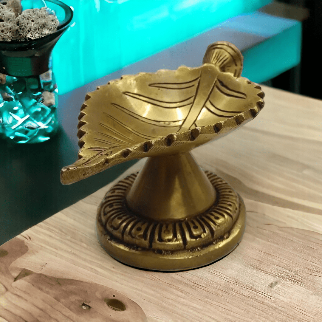 Tamas Brass Leaf Diya with Stand Ethnic Design Handmade (Golden) (2.2 Inches)| Free Luxury Gift box - Tamas: Luxury Indian Gifts