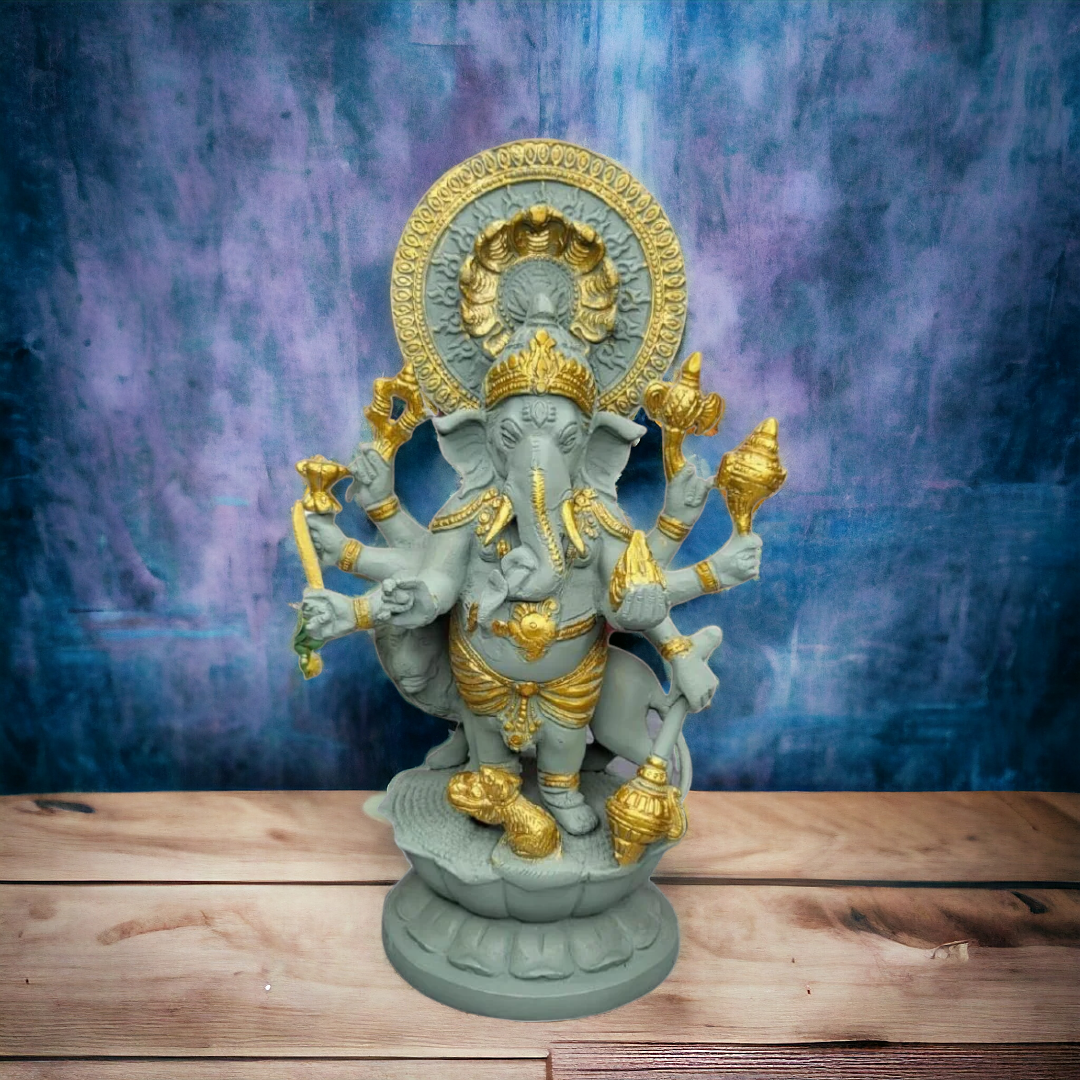 Tamas Brass Handcrafted Lord Dancing Ganesha Decor for Home Temple Statue / Idol with Antique Finish (7 x 5 x 12 Inches, Grey & Golden) (Pack of 1)