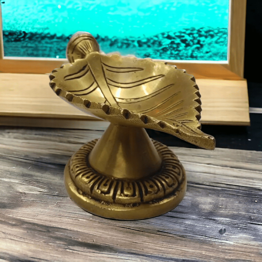 Tamas Brass Leaf Diya with Stand Ethnic Design Handmade (Golden) (2.2 Inches)| Free Luxury Gift box - Tamas: Luxury Indian Gifts