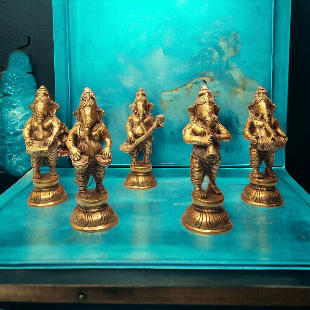 Tamas Brass Handcrafted Musical Ganesha Orchestra with Antique Finish (2 x 2.5 x 6 Inches, Golden) (Pack of 5)