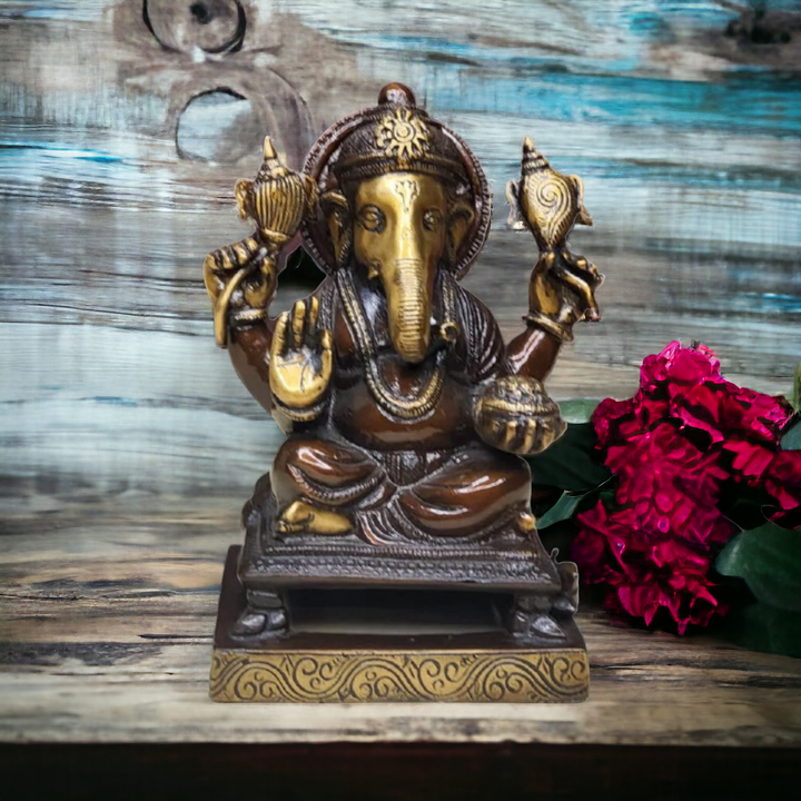 Tamas Brass Handcrafted Lord Ganesha Vinayaka Vighnaharta Statue / Idol with Antique Finish (4.5 x 5.5 x 9 Inches, Golden & Brown) (Pack of 1)