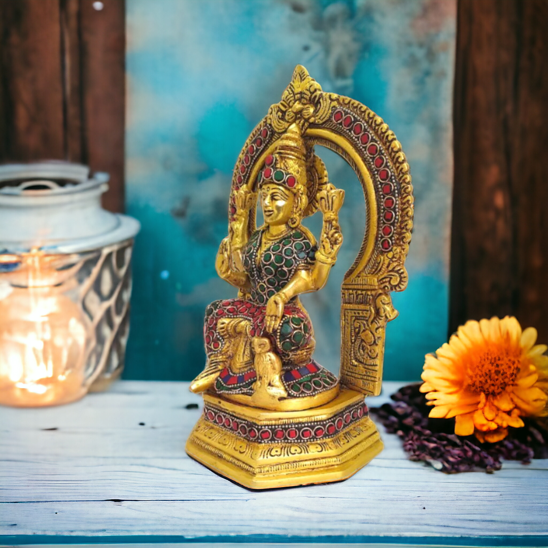 Tamas Brass Goddess Laxmi Sitting Posturel and Decorated with Multicolored Stone  (Multicolor) Height 9.6 inches
