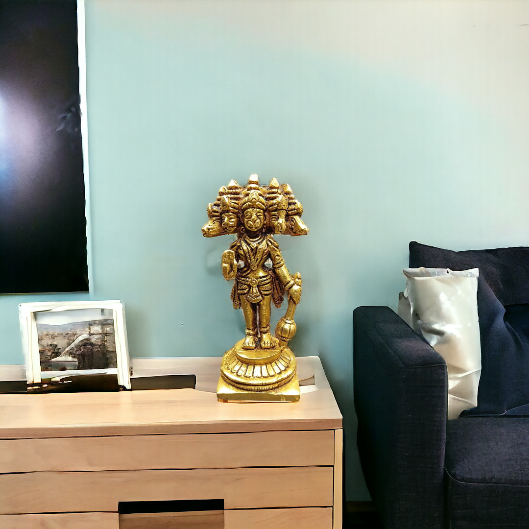 Tamas Brass Panchmukhi Hanuman Standing Statue/Idol (Golden) (4.2 Inches) | Free Luxury Gift box