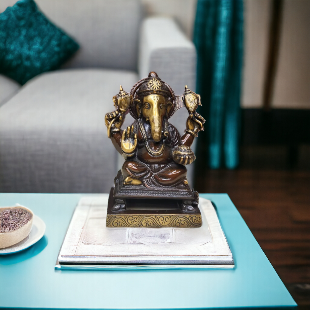 Tamas Brass Handcrafted Lord Ganesha Vinayaka Vighnaharta Statue / Idol with Antique Finish (4.5 x 5.5 x 9 Inches, Golden & Brown) (Pack of 1)